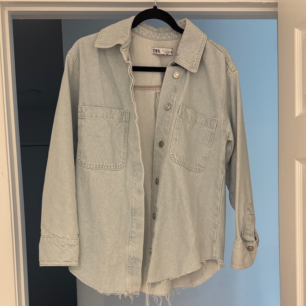 Zara Pale Blue Denim Shacket with Raw Hem